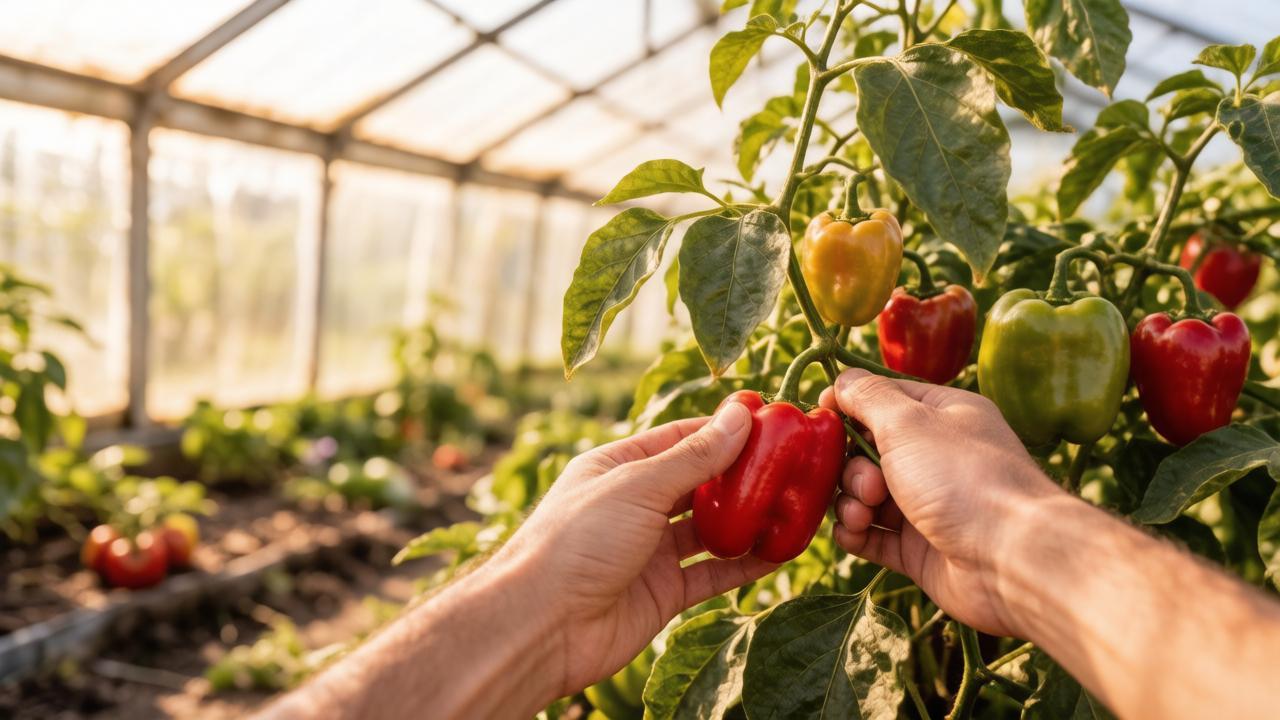 Садовод в теплице срезает спелый красный перец, на кусте видны плоды разной степени зрелости — иллюстрация к приёмам ускорения созревания перца.
